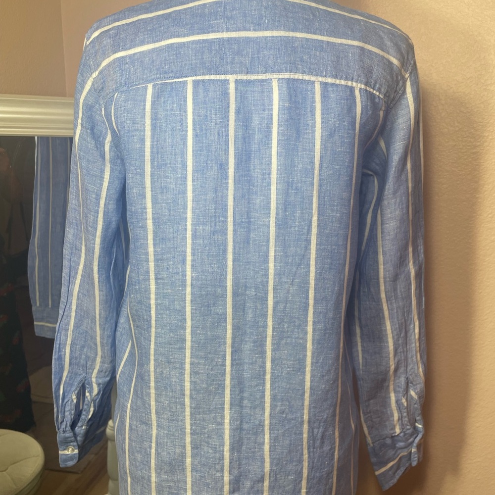 H&M 100% Linen Blue White Stripe Button Down Shirt Lightweight XS - Picture 3 of 8